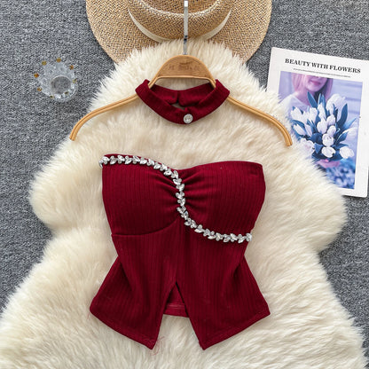 SINGREINY Strapless Sexy Ladies Top Summer Halter Beading Design Split Camisole Korean Skinny Streetwear Hotsweet Tank Top