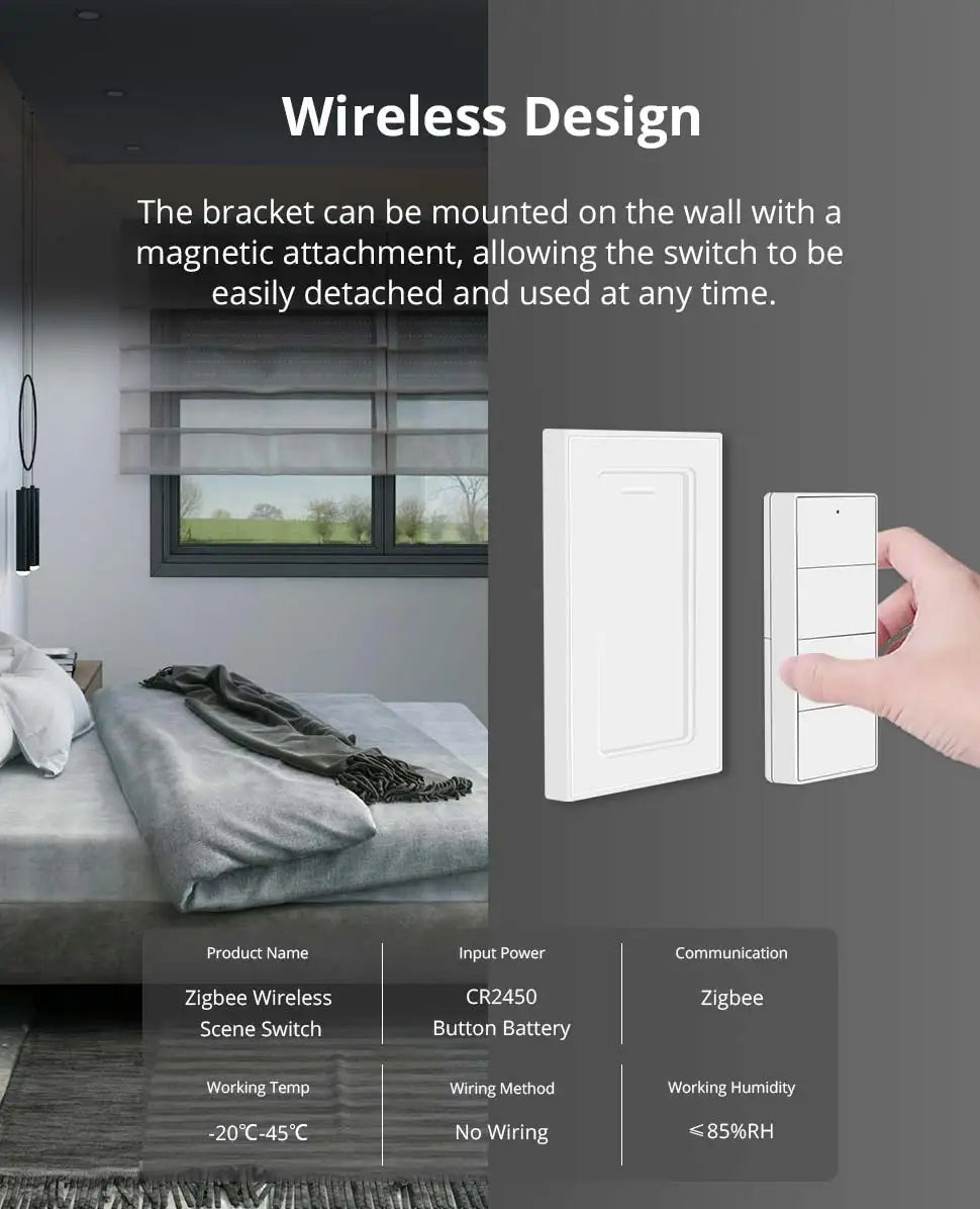 Zemismart 4-Gang Zigbee Wireless Scene Switch,Battery Powered, Compatible with Tuya Home Assistant Homey Hubitat (Hub Required）