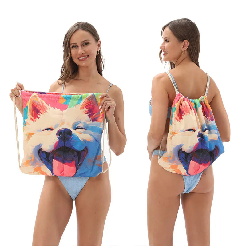 Beach Towel 2-in-1 Foldable One-piece Bag Printed Bath Towels Portable Pool Storage Blanket Multi-Purpose Shower Rug