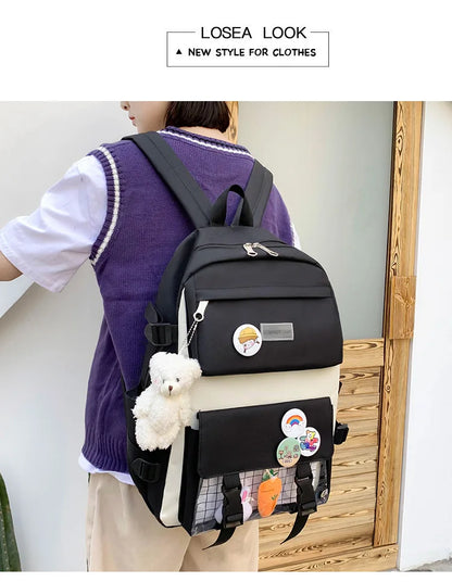 New Large-Capacity Primary School Junior High School Students Shoulders Backpack High School Five Sets of Multi-Compartment Fash