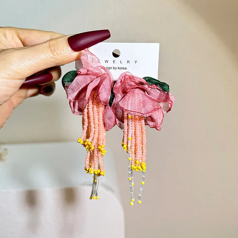 Bohemian Fabric Long Flower Earrings Big Statement Earrings Fringe Beads Drop Earrings Women Jewelry Handmade Vintage Earrings