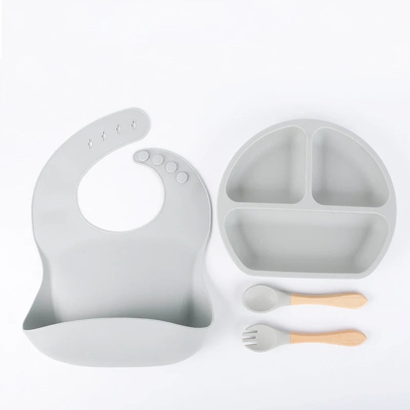 4PCS Silicone Children Tableware Baby Feeding Set Silicone Dinner Plate Wood Handle Spoon Fork Silicone Bibs BPA Free