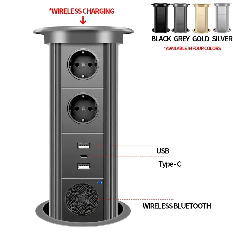 Motorized Pop up Tower Socket Wireless Charger Automatic Power Plug Desktop Worktop ,Eu Fr Socket USB Type-C Bluetooth Speaker
