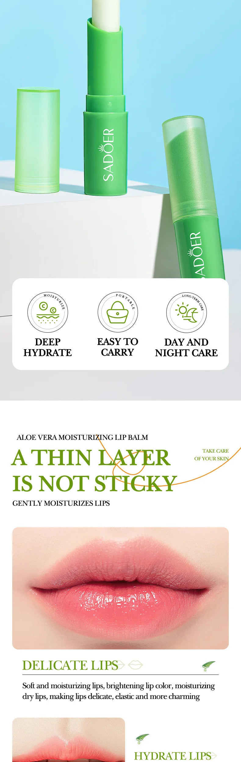 SADOER Lip Aloe Balm Nourishing, Hydrating and Moisturizing Preventing Cracking and Repairing Lips Gentle Non Irritating