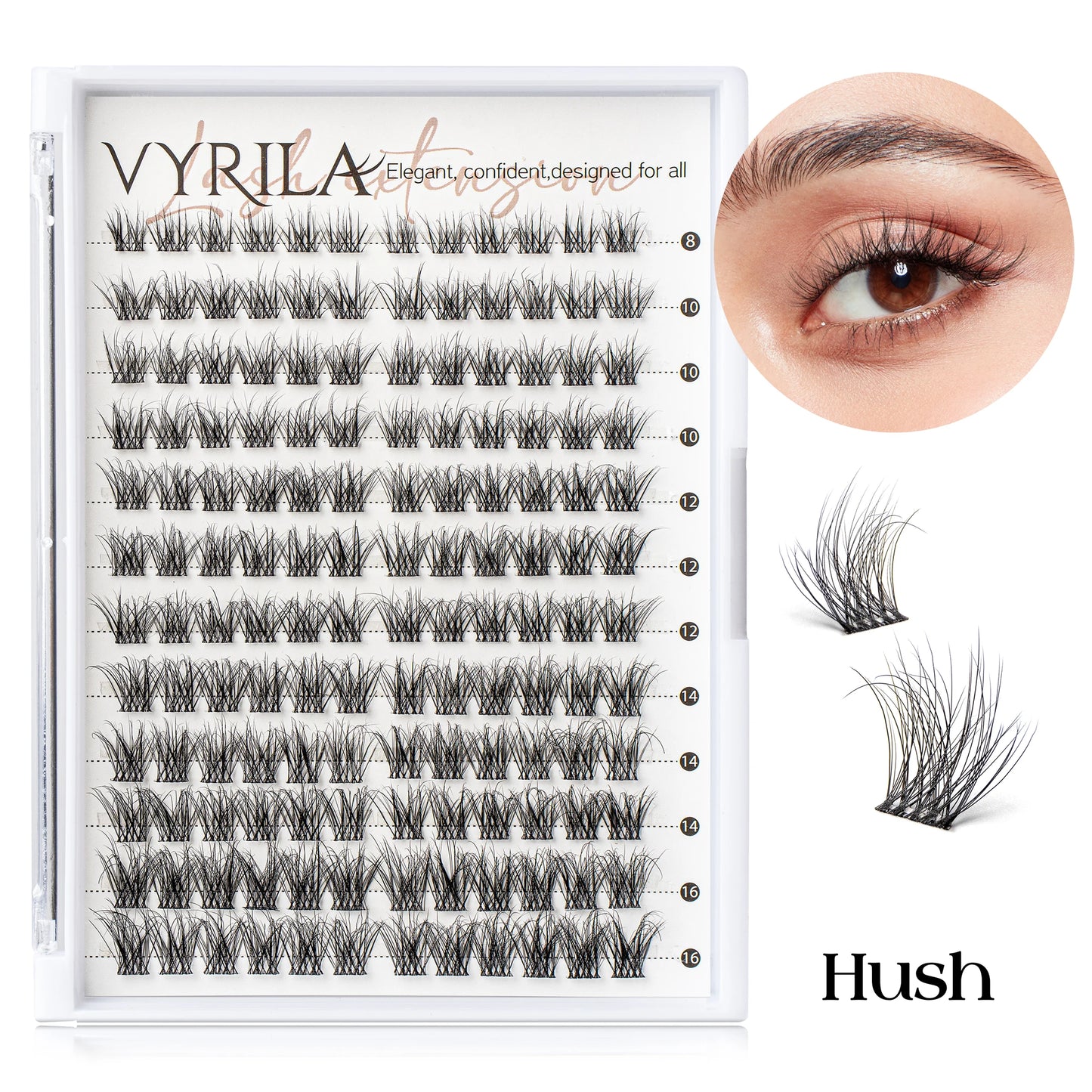 VYRILA Lash Extension Kit Wispy C Curl Lash Clusters Kit Hush 8-16mix Individual Lashes with Lash Bond and Seal Lash Tweezers