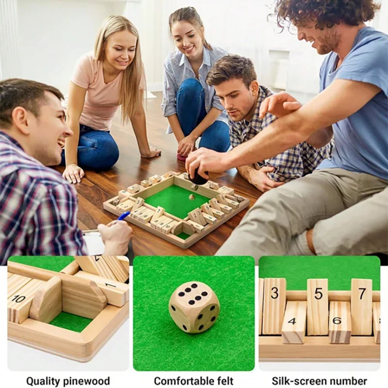Classic 4 Sided Wooden Board Game With 2 Dice And Shut-The-Box Instructions, Classics Tabletop Version And Pub Board Game