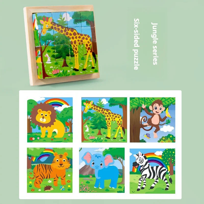Six Sides Painted Wooden Puzzle Three-Dimensional Traffic Animal Puzzle Building Blocks Early Education Educational Toy