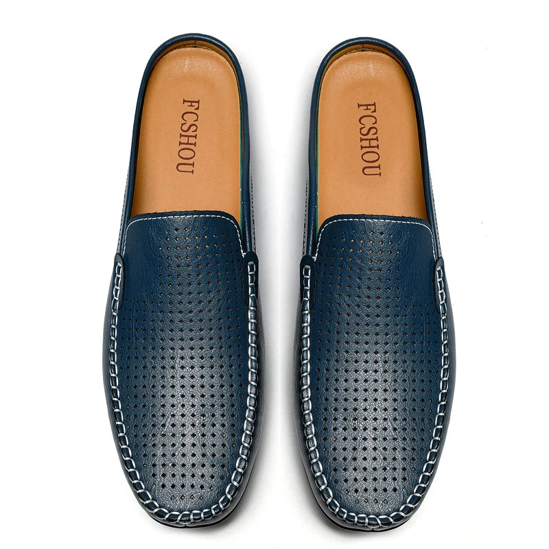 Closed Toe Half Shoes for Men Black Blue Mules Slippers Slip on Genuine Cowhide Leather Luxury Flat Sandals Man Summer 2025