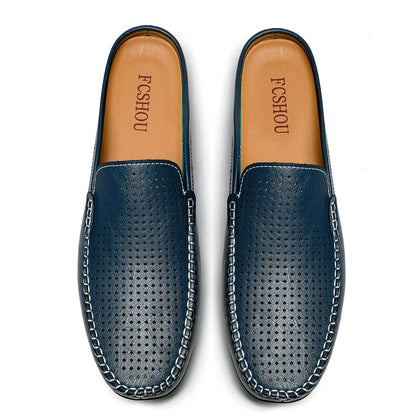 Closed Toe Half Shoes for Men Black Blue Mules Slippers Slip on Genuine Cowhide Leather Luxury Flat Sandals Man Summer 2025