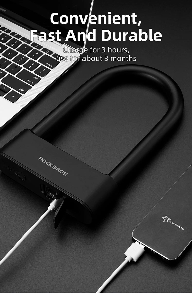 ROCKBROS Bicycle Smart Lock Bluetooth Fingerprint Unlock Waterproof High Strength Steel Alloy Anti-theft U-Lock Bike Accessories
