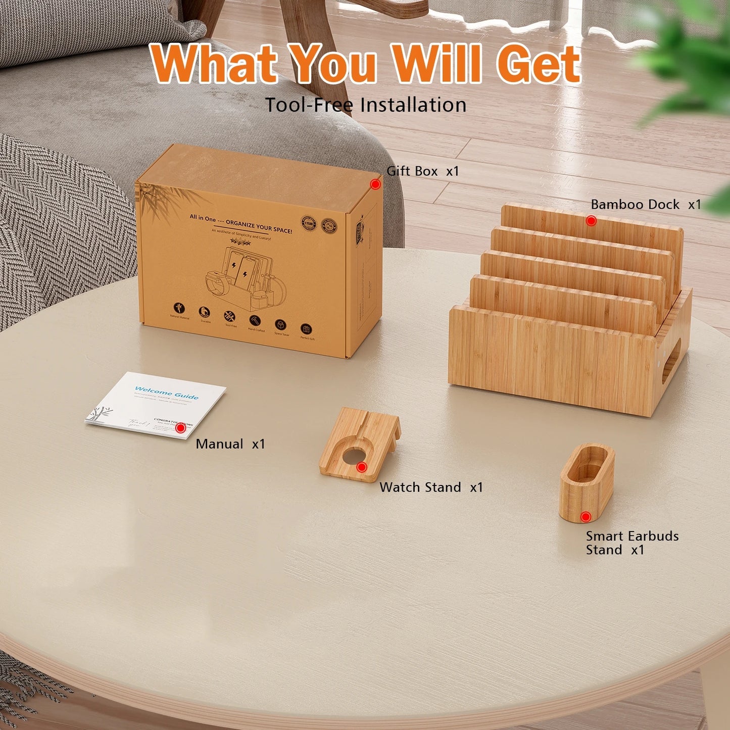 Bamboo Charging Station for Multiple Devices Desktop Docking Stations Holder for Cell Phone Tablet SmartWatch & Earbuds Stand