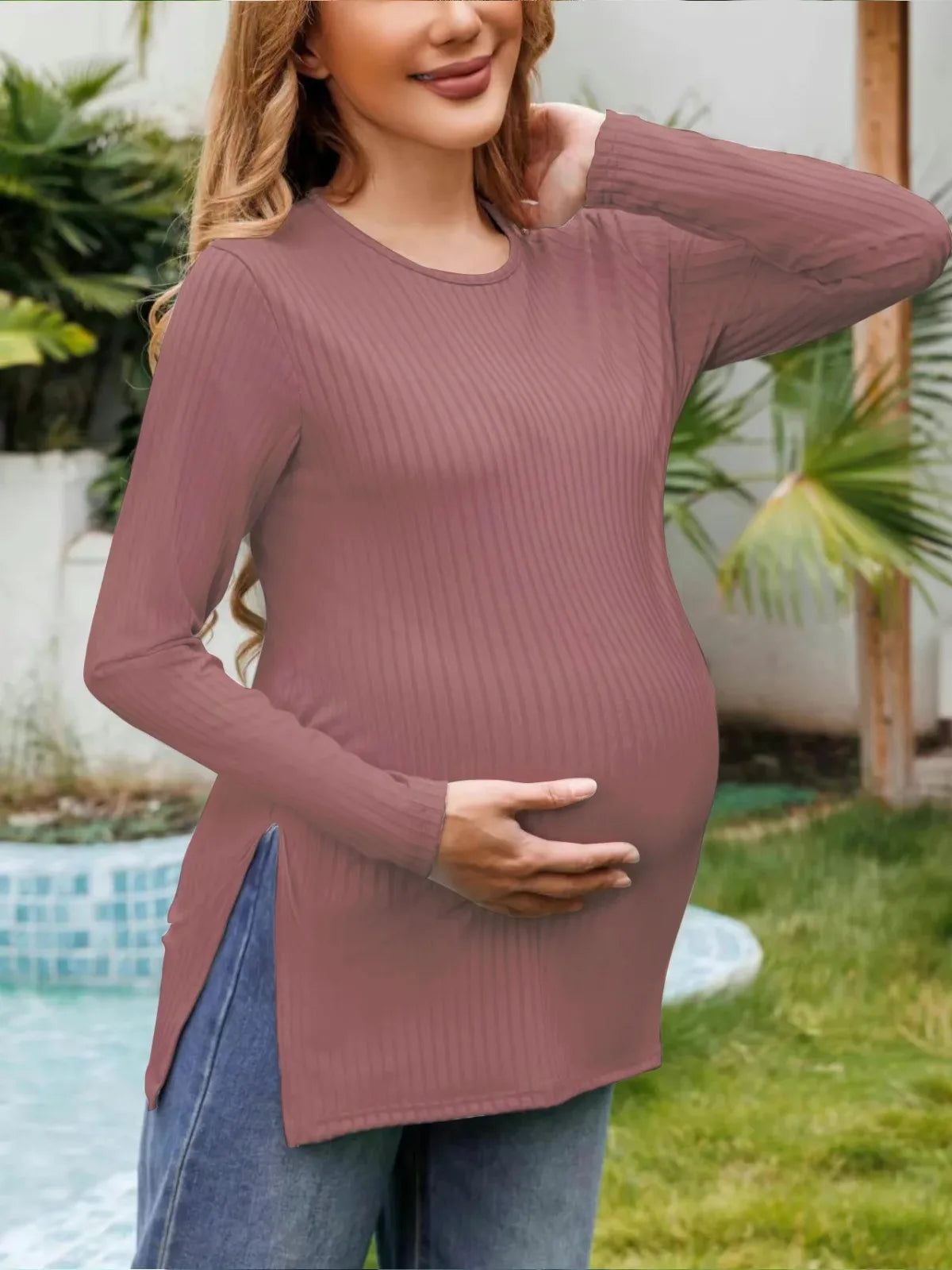 Spring New Maternity Clothes Round Neck Solid Color Slit Long Sleeve Base T-shirt Tops For Pregnant Women Maternity Wear
