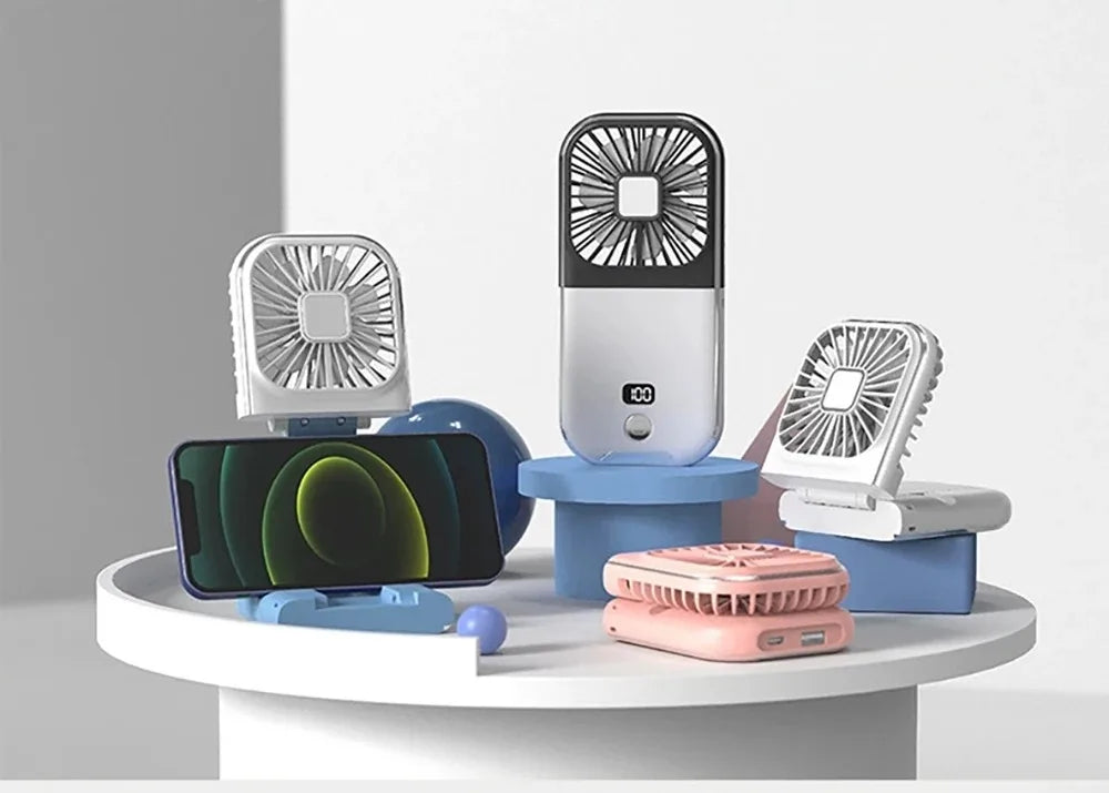 Folding handheld fan USB charging digital display outdoor mini neck hanging power bank fan，gift