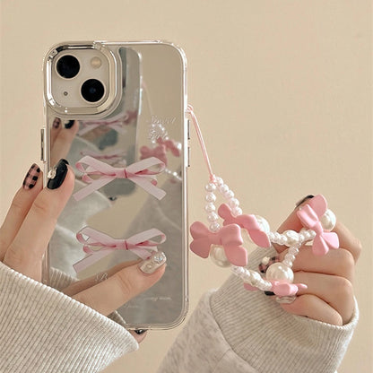 Two pink bow mirror phone cases for iPhone 15 14 13 12 11 drop resistant mirror phone cases with bow chain