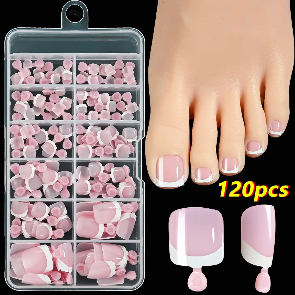 120Pcs French Short Square Artificial Press On Toenails Nude Pink Full Cover False Toe Nails Fake Toe Nail Extension For Women