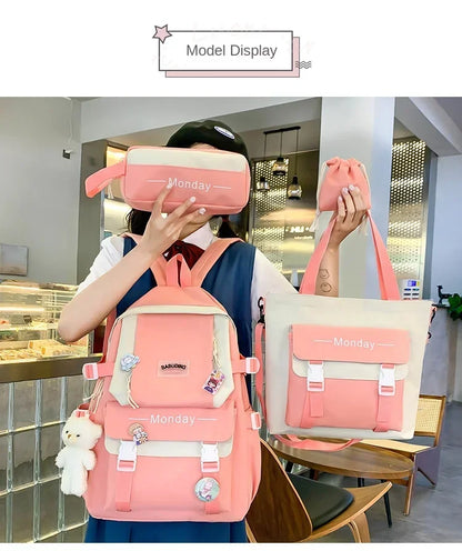 4 Set Korean High School Junior High School Elementary School Student Forest Style Versatile Backpack with Large Capacity Colors