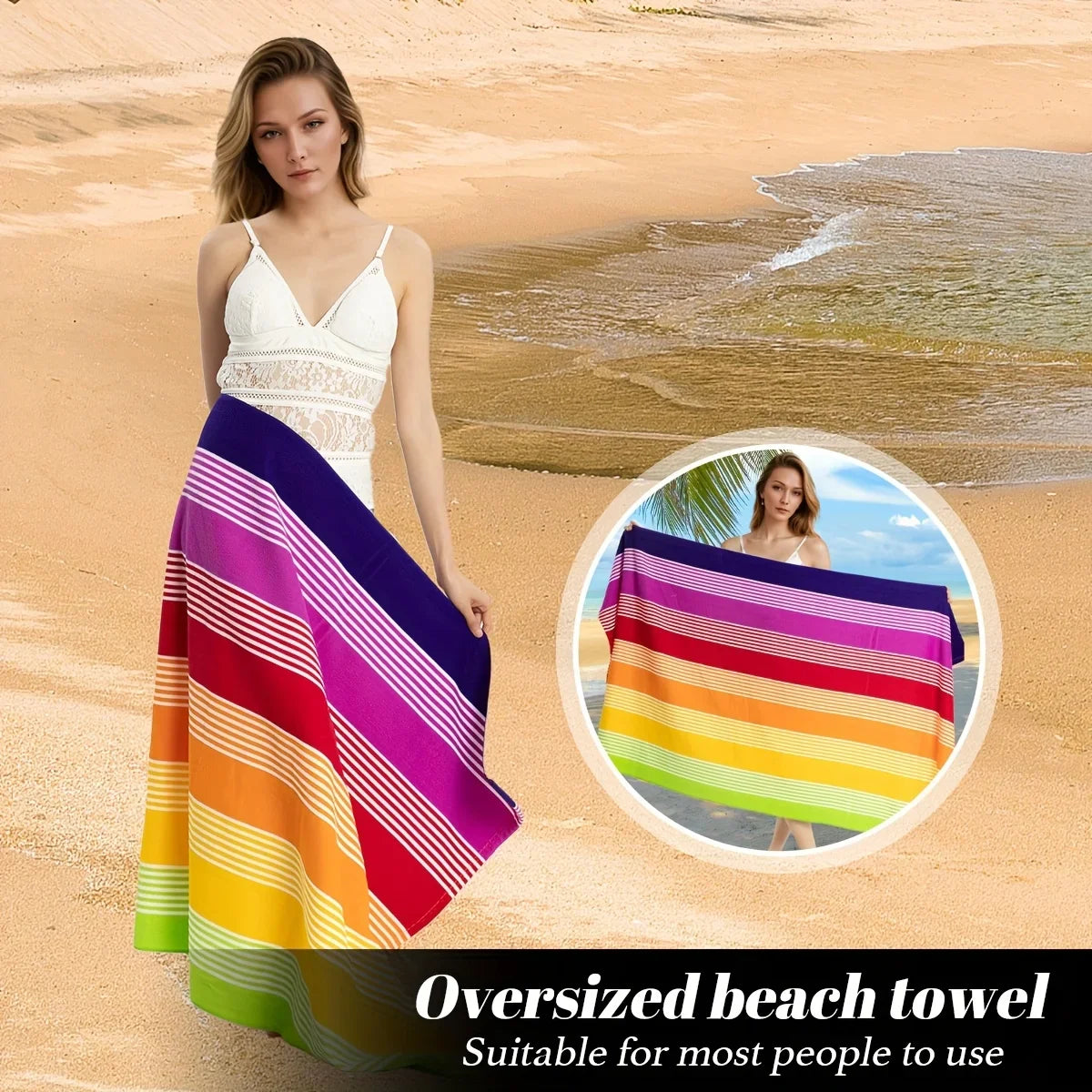 Oversized Beach Towel 280g/㎡ Microfiber, Rainbow Quick-Dry for Pool Travel, Tropical Design, Fade-Resistant & Washable
