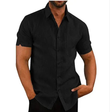 Men Pocket Blouse Tops Summer Male Turn Down Collar Button Short Sleeve Slim Solid Color Blouse Shirts YYCFS-19505