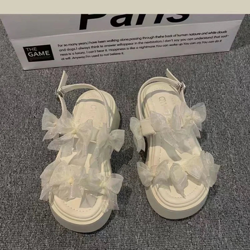 Women's Layered Bow Platform Sandals - Thick Cushioned Sole with Adjustable Ankle Buckle for Summer Casual Wear