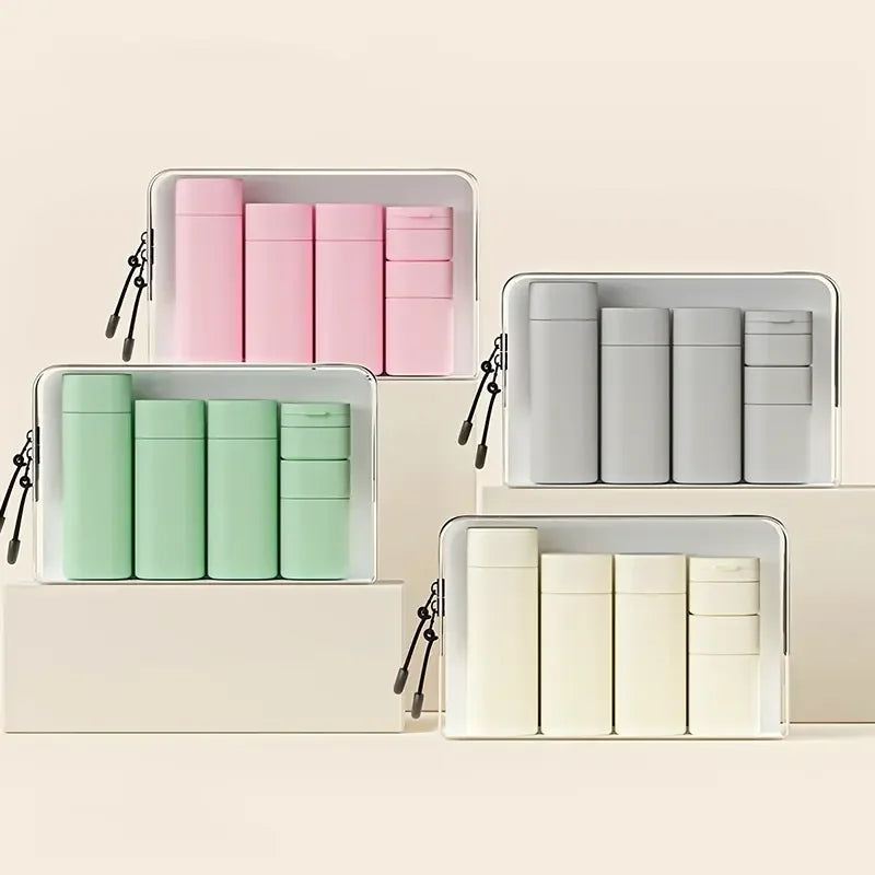 4-in-1 Leak-Proof Travel Bottles Set Refillable Toiletry Dispenser Kit with Spray Pump for Shampoo Lotion and Liquid Essentials