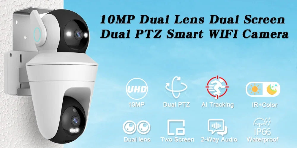 Smart WiFi Security Camera Outdoor Dual PTZ Control 10MP Dual Lens 360° Wireless Video Surveillance IP Camera Smart Home