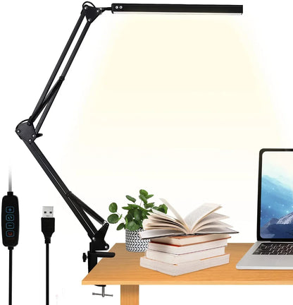 LED Desk Lamp with Clamp 10W Swing Arm Desk Lamp Eye-Caring Dimmable Desk Light with 10 Brightness Level, 3 Lighting Modes