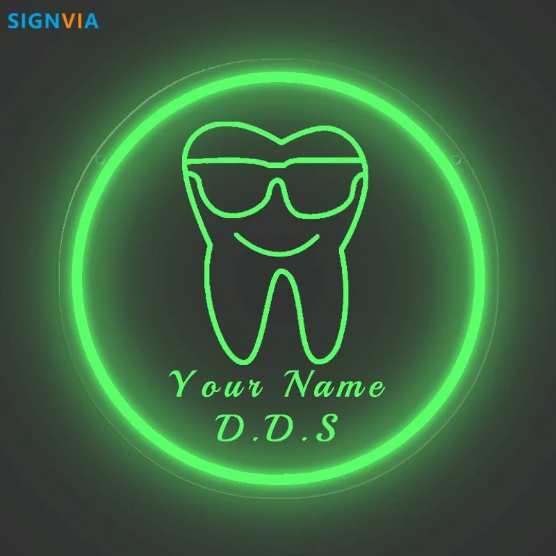 Custom Neon LED Tooth Sign with Glasses USB-Powered Wall Decor for Dental Parties Personalized Name White Light Circular Decor
