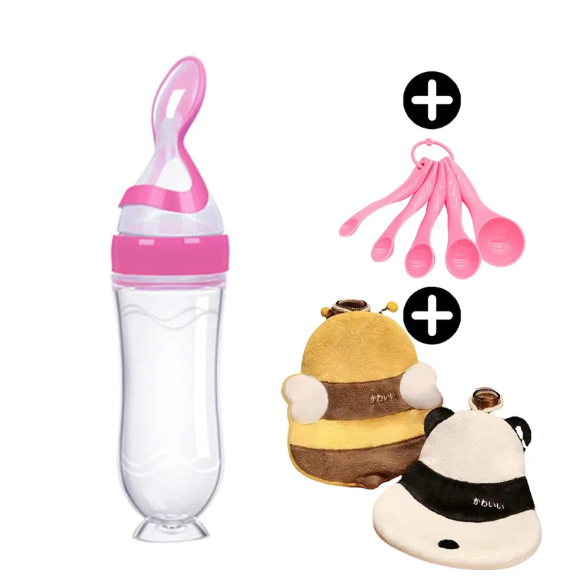 Infant Baby Squeezing Feeding Spoon Baby Silicone Baby Feeding Vegetable Fruit Bottle Baby Dish Scale spoon & hand towel set