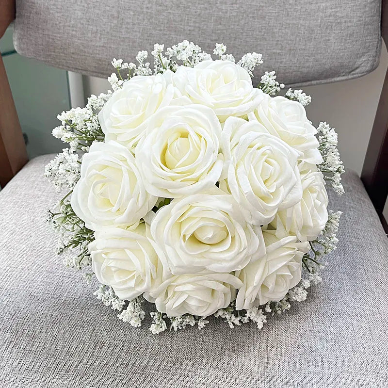Bridal Bouquet Wedding Flowers Bridesmaids Silk Roses Fake Babys Breath Bride Wedding Accessories Table Centerpiece Decoration