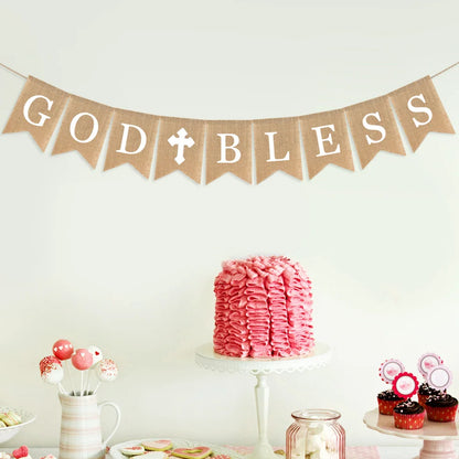 3PCS Communion Party Banner God Bless Baptism Christening Rustic Burlap Garland Banners For Wedding Baby Shower Decoration
