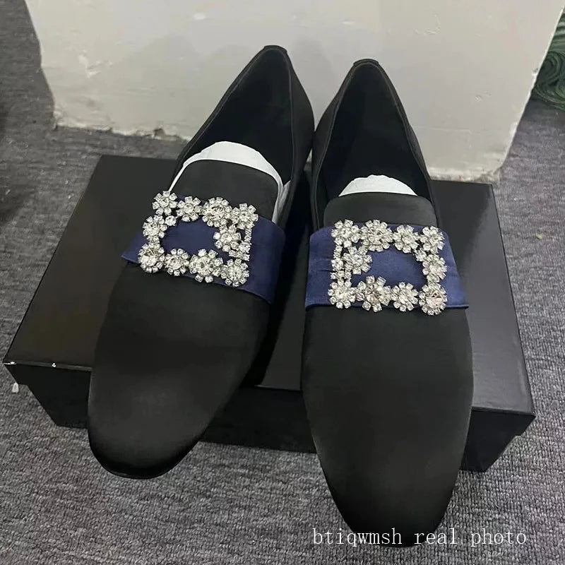 Silver Rhinestone Shoes Man Pointed Toe Black Real Suede Flats Male Fashion Wedding Shoes