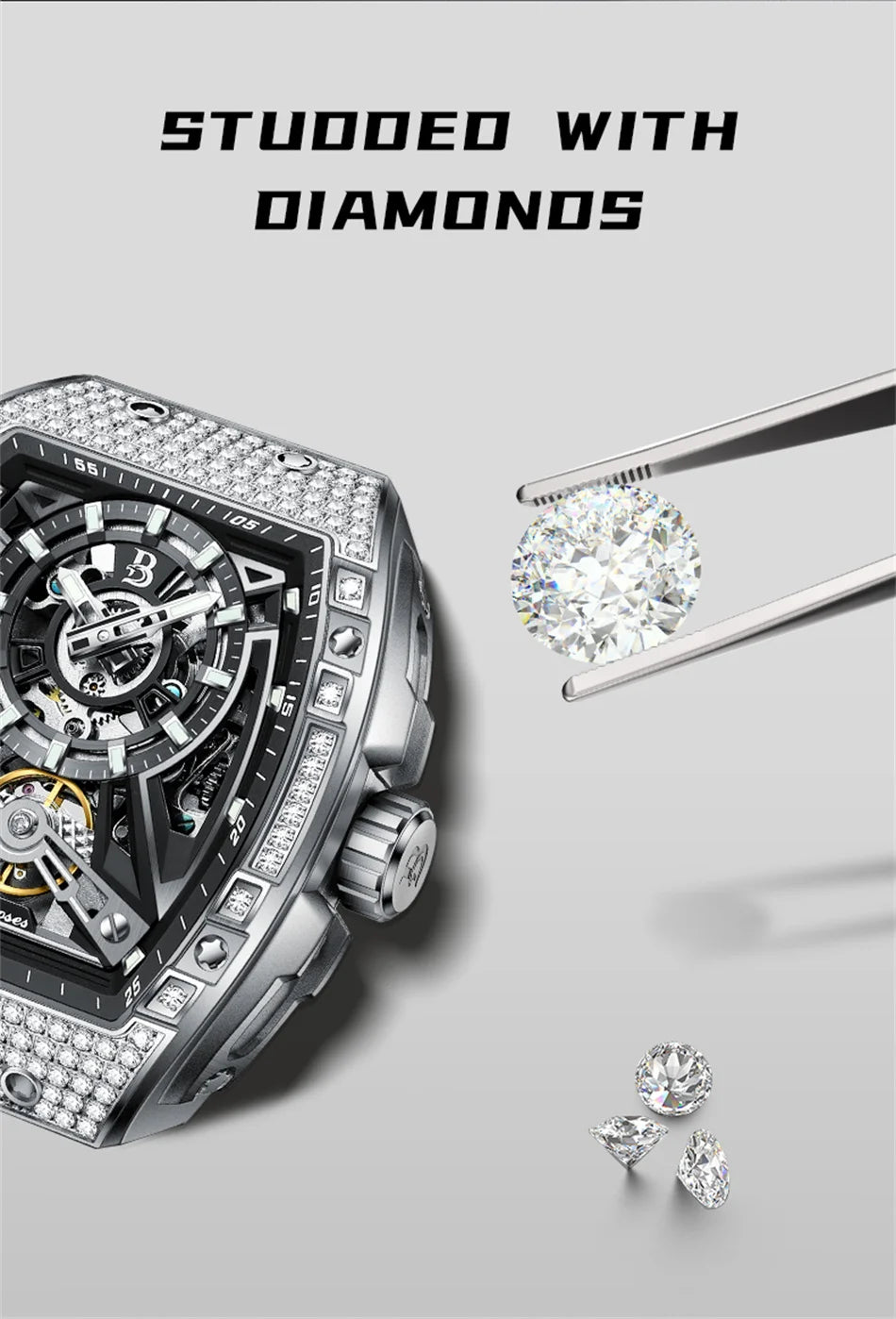 Men Mechanical Winding Watch Montre Homme 2024 New BRUBOSES 5ATM Water Resistant Luminous Tonneau Quartz Wristwatch WIth Diamond