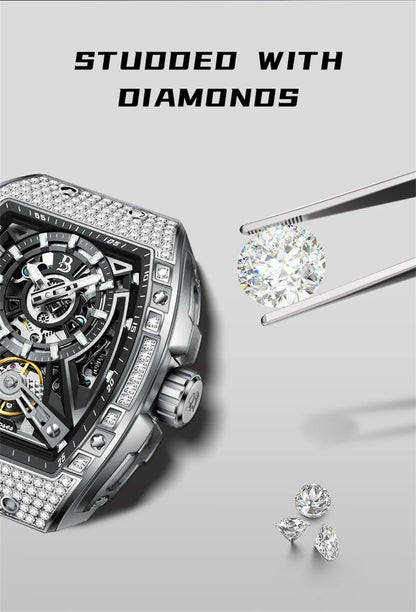 Men Mechanical Winding Watch Montre Homme 2024 New BRUBOSES 5ATM Water Resistant Luminous Tonneau Quartz Wristwatch WIth Diamond