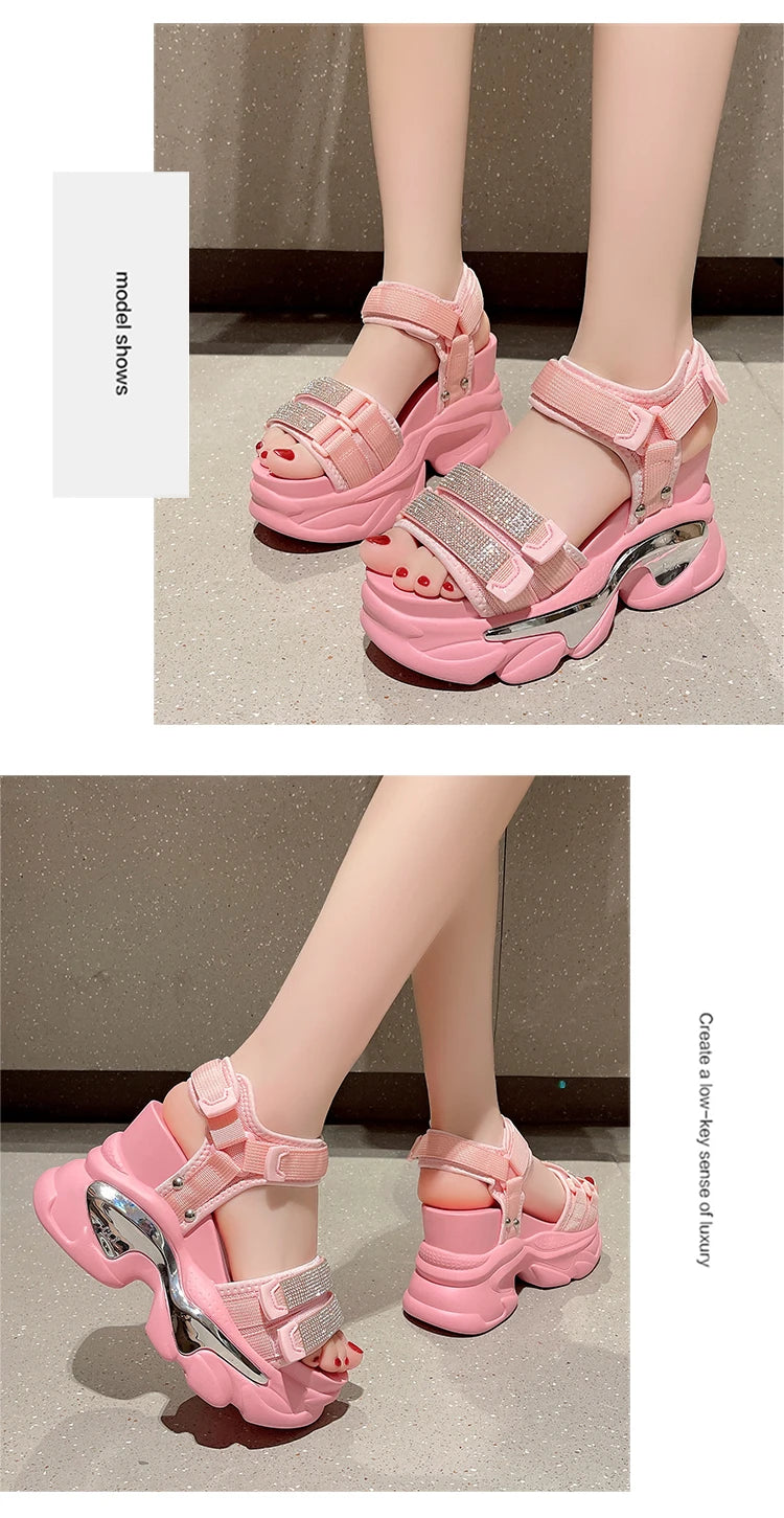 Summer High Platform Women Sandals Buckle 10CM Wedges Bling Shoes Fashion 2023 Outside Chunky Sandals Beach Casual Slides Woman