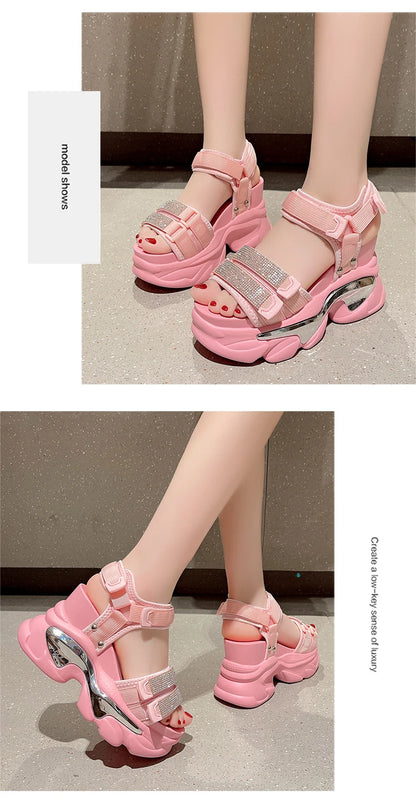 Summer High Platform Women Sandals Buckle 10CM Wedges Bling Shoes Fashion 2023 Outside Chunky Sandals Beach Casual Slides Woman