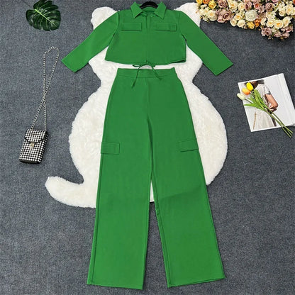 Elegant Office Women Two Piece Sets Autumn V Turn-down Neck Half Sleeve Drawstring Lace Up Short Shirt + Wide Leg Trousers Set