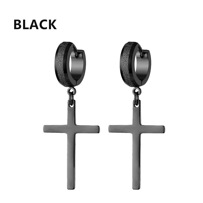 Punk Stainless Steel Frosting Hoop Earrings Design Women Men Pierced Cross Ear Jewelry Accessories Party Dangle Earring