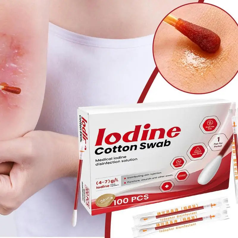Iodine Cotton Swab Break-Off Iodine Cotton Swab 100X Iodine Swab Cotton Swab Medical Iodine Cotton Stick skin care tool