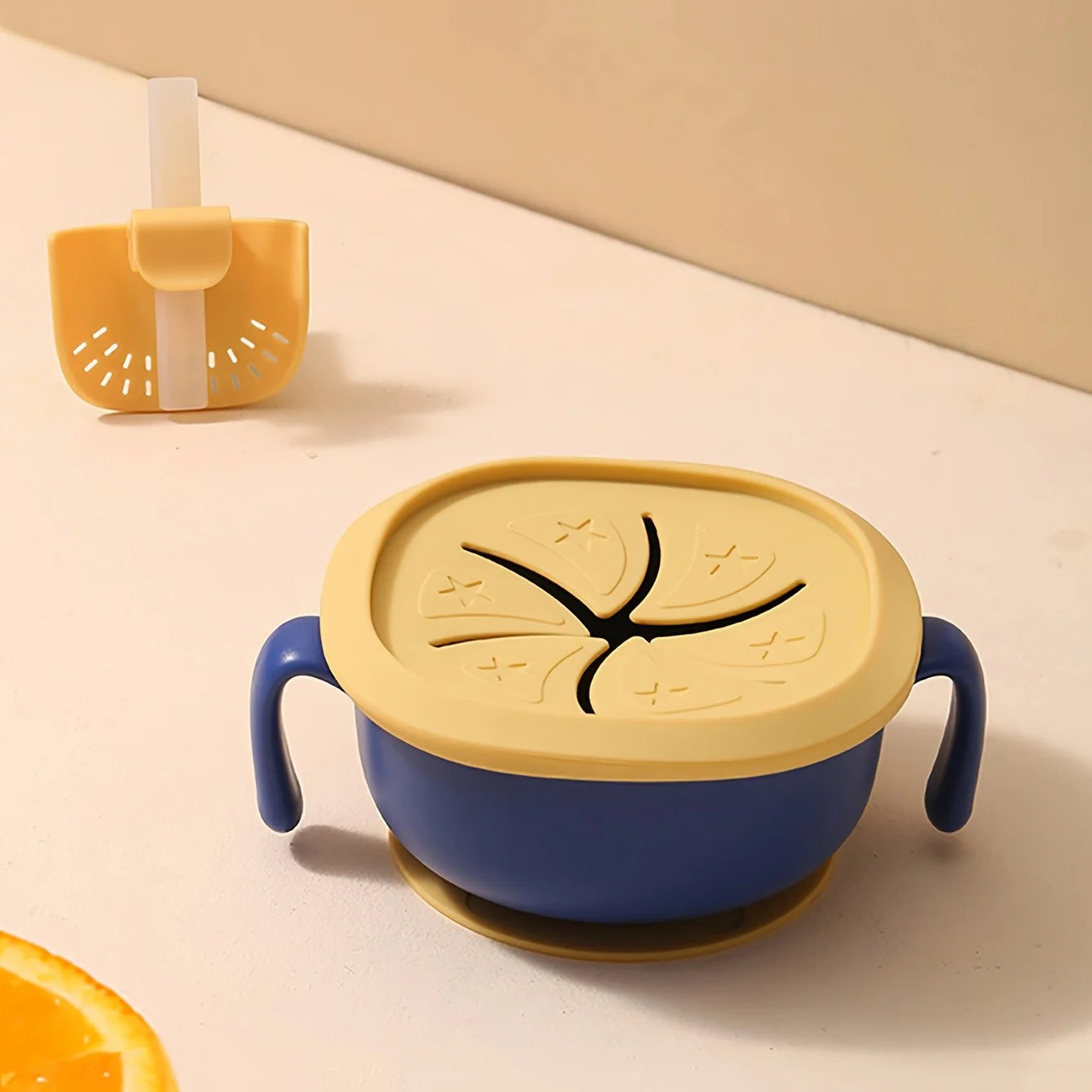 3-in-1 Baby Snack Bowl with Silicone Straw,Cover&Detachable Suction,Kids Soup Bowl with Handle, Portable Handle Cup for Outdoor