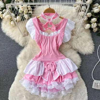 Women Lolita Summer Mini Dress Y2k Servant Low Cut Lace Patchwork Mini Dress Birthday Cocktail Role Play Maid Short Dresses