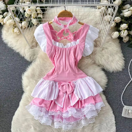 Women Lolita Summer Mini Dress Y2k Servant Low Cut Lace Patchwork Mini Dress Birthday Cocktail Role Play Maid Short Dresses