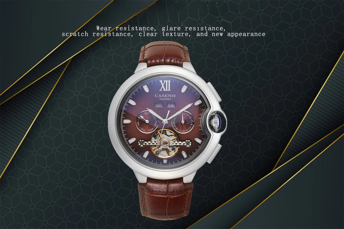 CASENO Fashion Trend Men's Blue Light Glass Night Light Scale Multi functional Fully Automatic Tourbillon Mechanical Watch 831BG