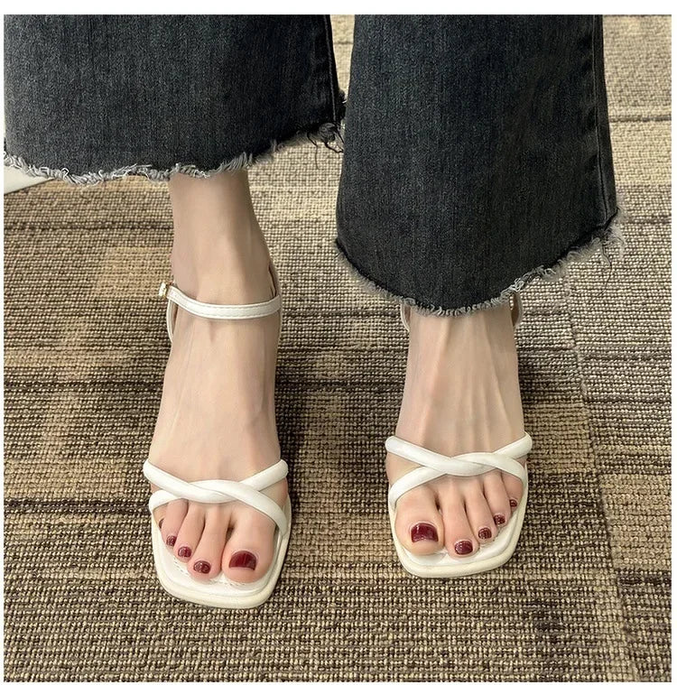 Sandals, 2025 Summer New Fashion Gentle Retro Chunky Non-slip Sandals, A Line with 5cm High Heels Summer Beach Sandals