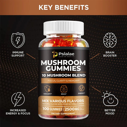 Mushroom Gummies - 10 Mushroom Blend, Nootropic Brain Booster for Focus, Memory, Clarity and Energy