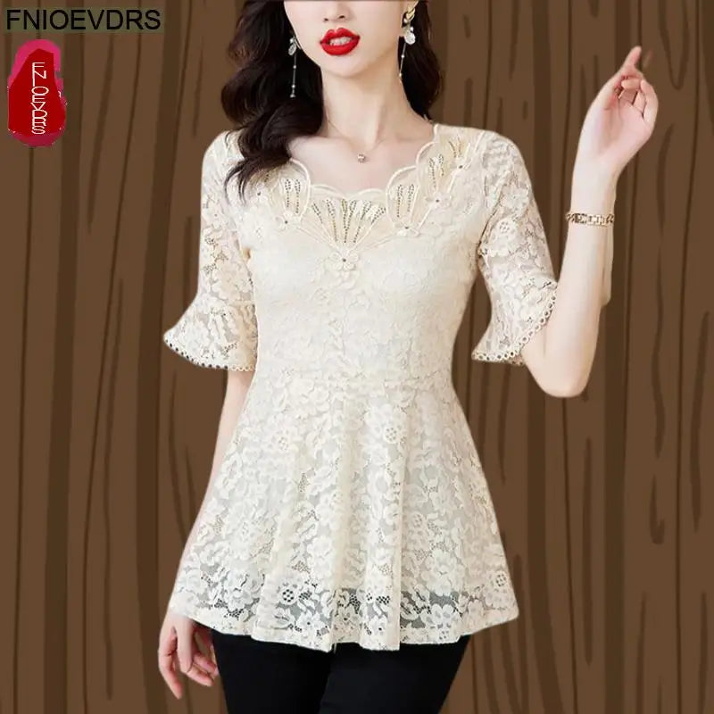 Office Shirts Basic Wear New Design 2025 Women Elegant Fashion Work Lady Bling Beaded Flare Sleeve Lace Tops Blouses