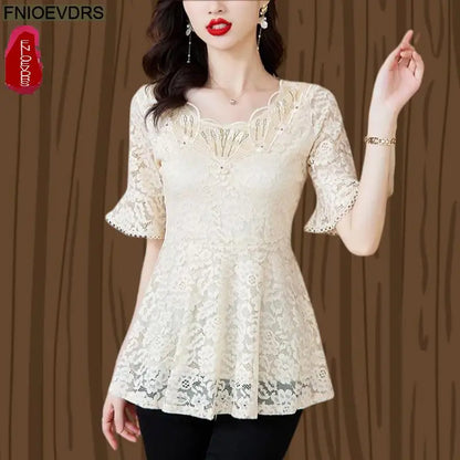 Office Shirts Basic Wear New Design 2025 Women Elegant Fashion Work Lady Bling Beaded Flare Sleeve Lace Tops Blouses
