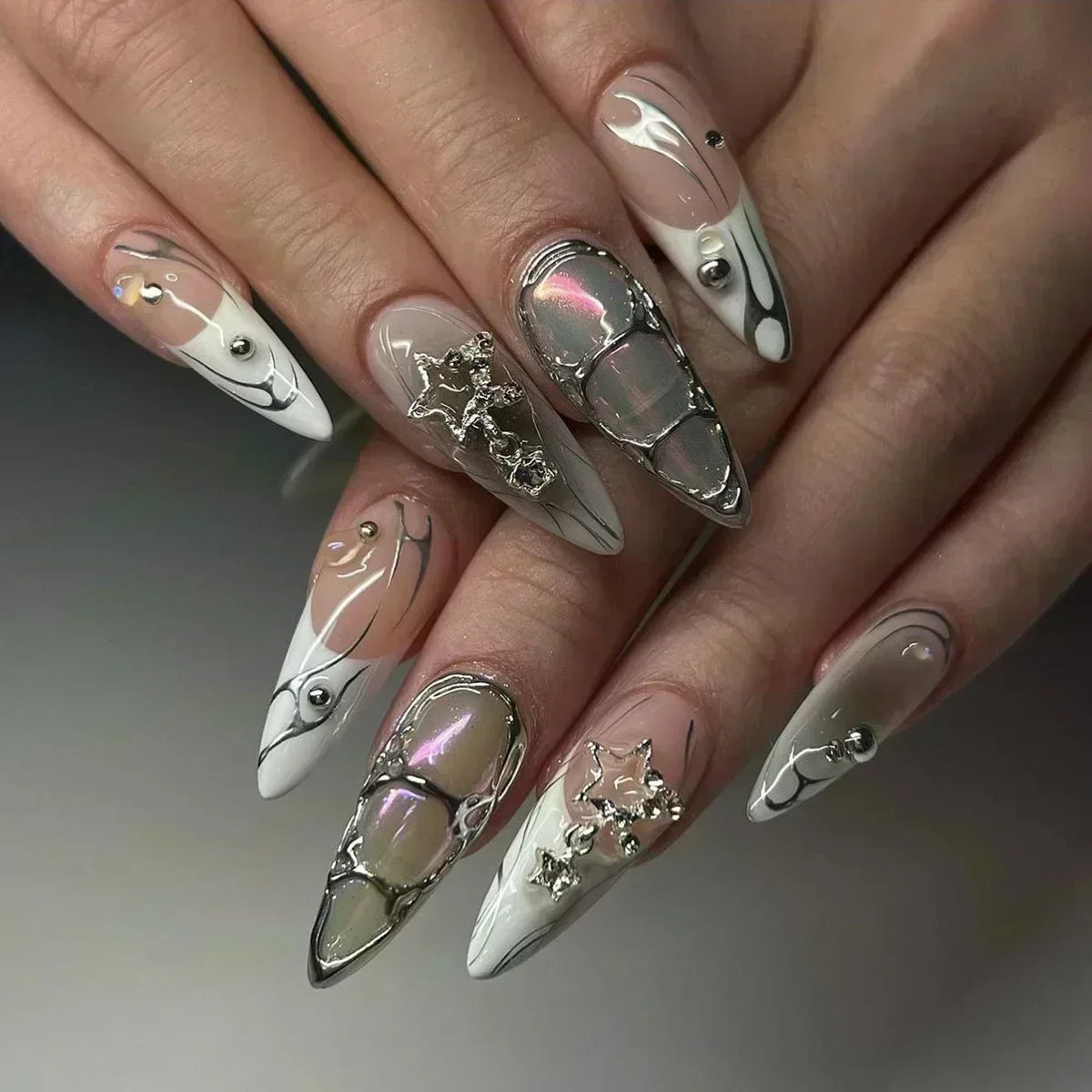 24Pcs False Nails Spicy Girl Silver Bow with Diamond Fake Nails with Glue Almond Press on Nails Black Cool Y2k Almond Nail Set