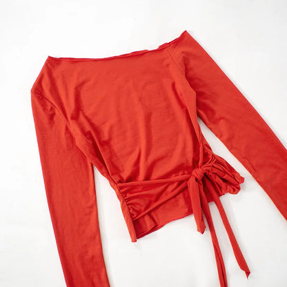 One Shoulder T Shirts For Women Aesthetic Clothes Sashes Crop Top Y2k Accessories Long Sleeve Lady Tshirt Ropa Mujer Camisetas