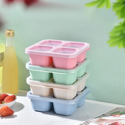 Reusable 4 Compartments Lunch Box Snack Dim Sum Nut Candy Box with Cover Wheat Straw Four Grid Snack Containers Meal Prep