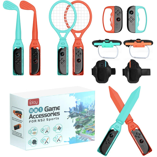 18 in 1 Sports Accessories Bundle for NS Switch 2, Golf Clubs Tennis Rackets Swords Grips Straps Kit for Joy-Con